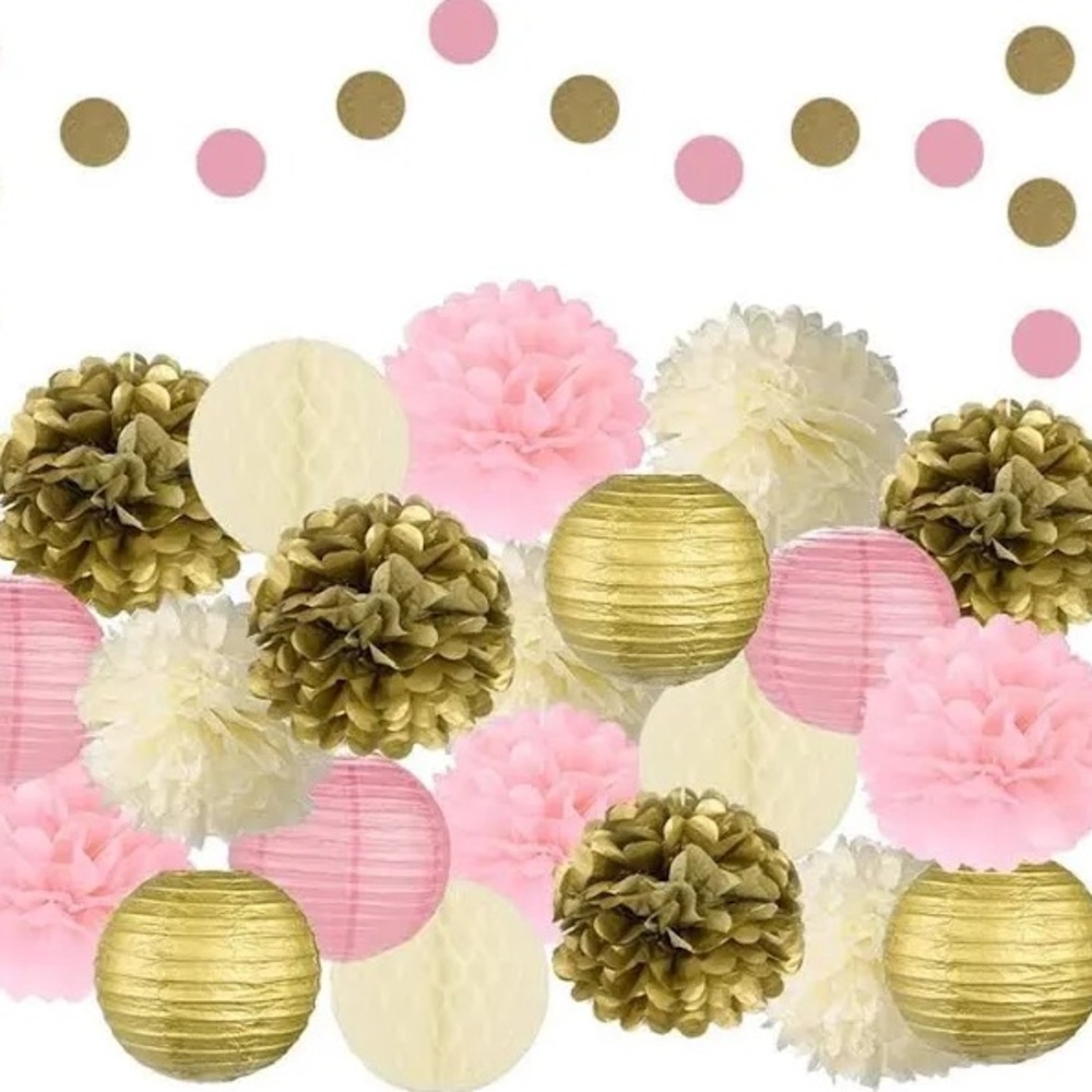 NWT EpiqueOne 22-Piece Tissue Paper Pom Poms Party Set - Pink, Gold & Ivory